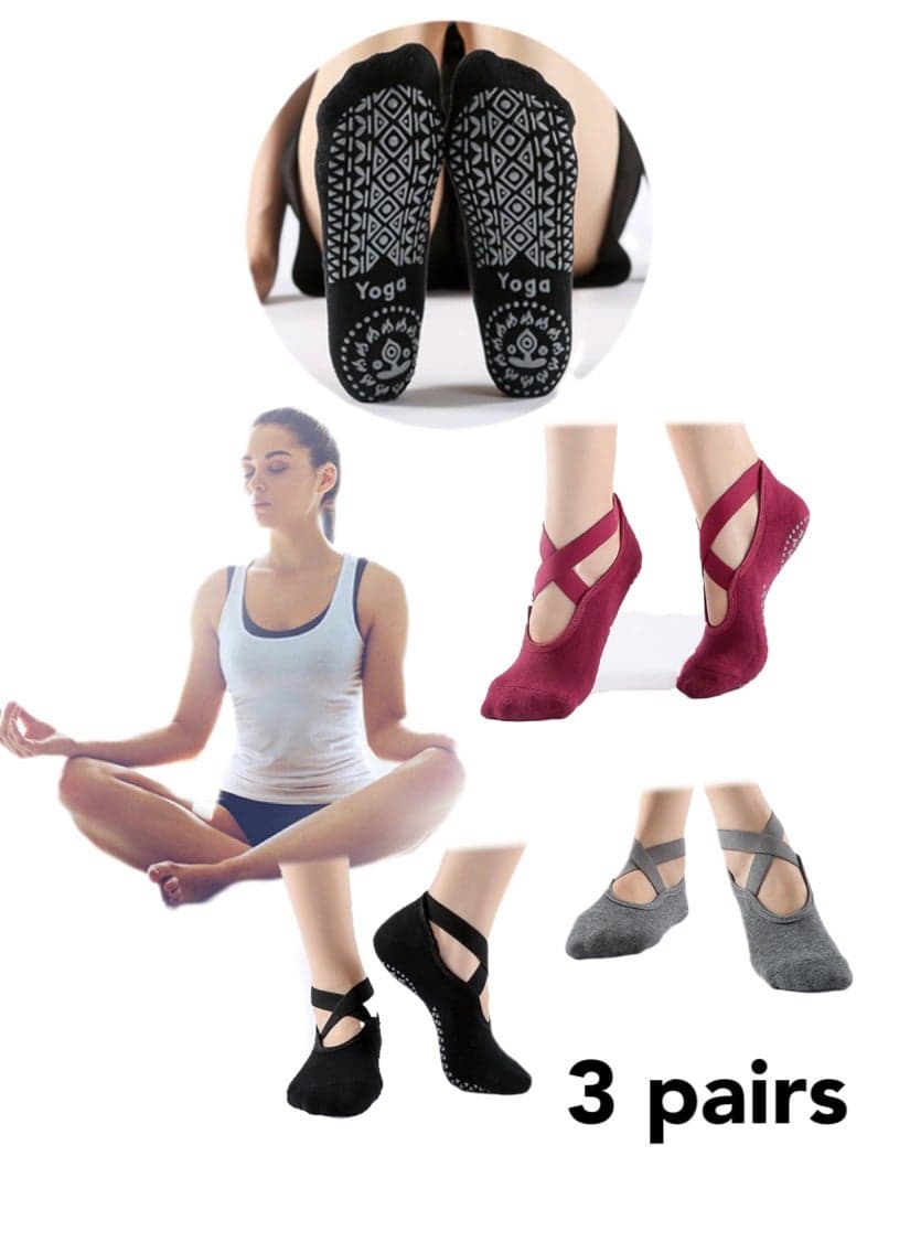 3 Pairs Yoga Socks For Women,Non Slip Socks Pilates Socks For Yoga,Pilates, Ballet, Dance, Workout,Black/Grey/Red