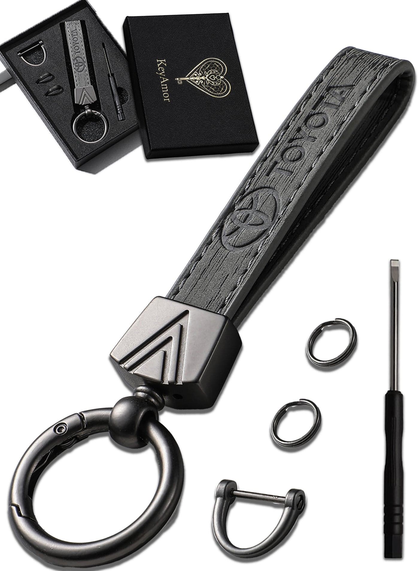 Elegant metal and leather keychain car key holder for adults. TOYOTA car logo keychain, stylish car keychain with 3 key rings, perfect as a fancy gift or car accessory. Features an elegant and refined grey colour and comes in a fancy gift box.