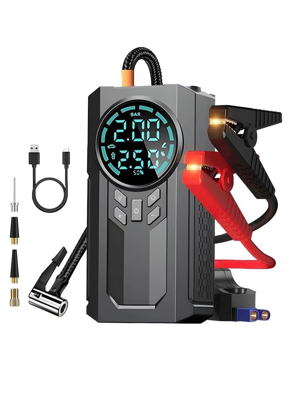 Heavy-Duty 4-In-1 Multifunctional Portable Jump Starter with Air Compressor and Inflator, Emergency Lights, and Power Bank