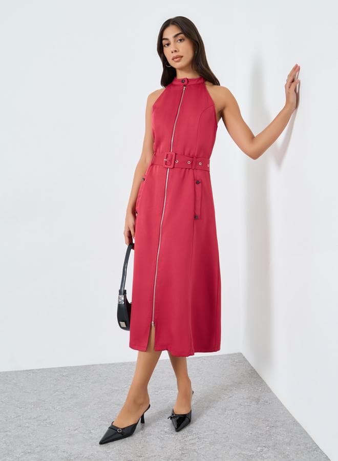 Styli Red Belted Midi Dress with Zipper Detail