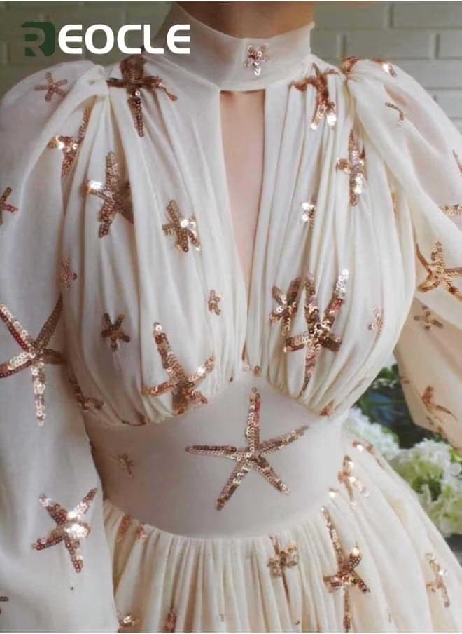 Women's Chiffon Dress with Full Skirt Half Turtleneck Sequined Slits Lantern Sleeves Elegant and Dignified Waist Design Evening Dress