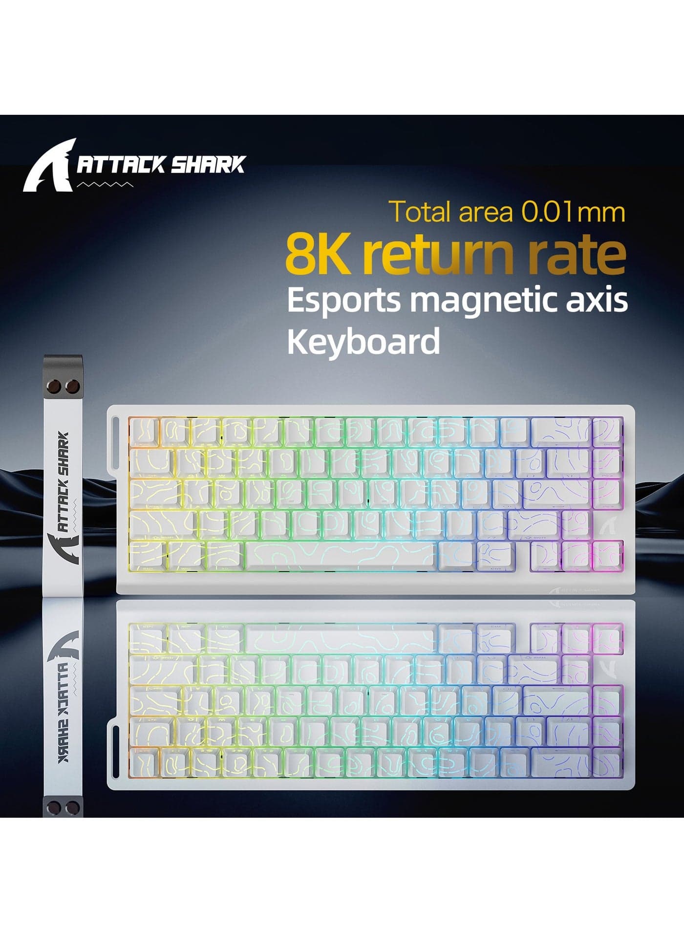 Attack Shark X68HE Wired Magnetic Gaming Keyboard, 0.01mm Adjustable Actuation, 8kHz Polling Rate, RGB Backlight, Side-Printed PBT Keycaps, 100M Lifespan Hall Effect Switches, 65% Layout (White Contours)
