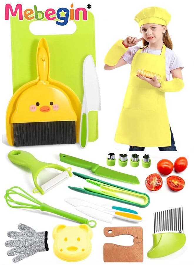 23 Pcs Safe Kitchen Set for Real Cooking with Cutting Board Crinkle Cutters Cleaning Tools Apron, Montessori Kitchen Tool Toy for Girl Boy, Educational Gifts for Birthday Party