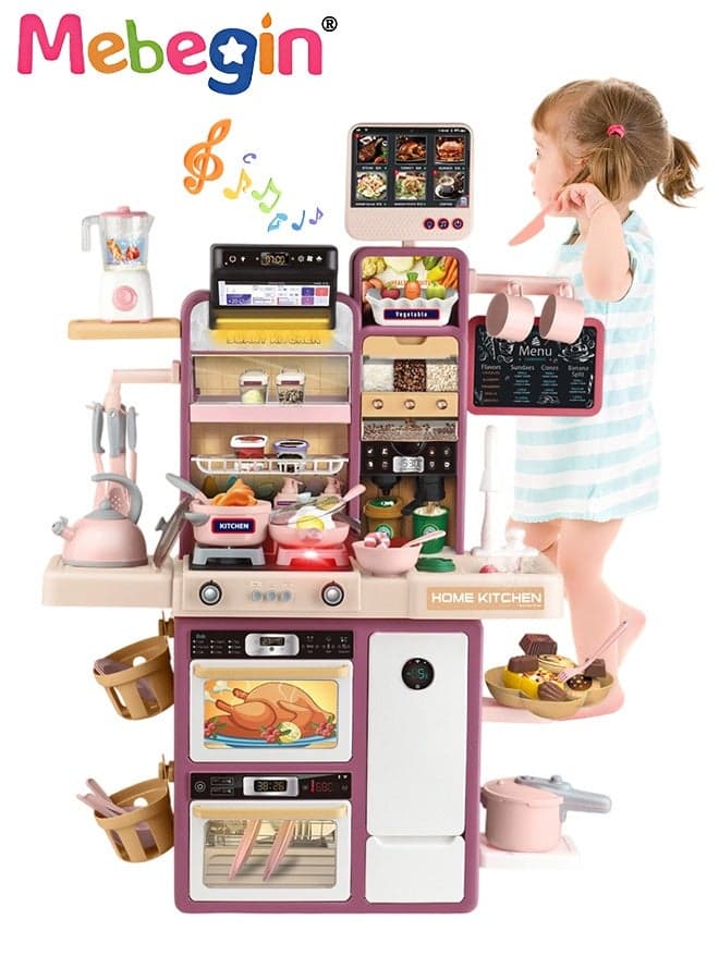 Pretend Kitchen Toy Set with Rich Accessories, Kitchen Play Set Toy with Realistic Light, Sound and Steam Simulation, Creative Kitchen Cooking Playset Toys with Touchscreen Ordering Function, Ideal Gift for Kids, 66*22*95cm