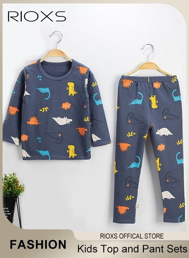 2 Pcs Boys Pajama Set, Adorable Dinosuar Cozy Long Sleeve Round Neck Top and Long Pants Sleepwear, Soft Breathable Pure Cotton Nightwear, Spring Fall Lounge Wear for Toddler Boys, Suitable for Sleep Wear, Daily Wear, Casual Wear, Home Wear, School Wear, Blue