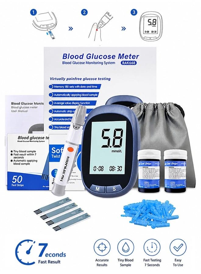 Blood Glucose Monitor Kit with 50 Blood Sugar Test Strips, 50 Lancets, 50 Alcohol Pads, 1 Blood Glucose Meter, 1 Lancing Device, No Coding Diabetes Testing Kit