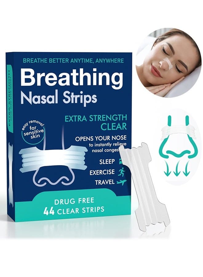 44Pcs Anti-snoring Breathing Nasal Strip Starter Kit - Extra Strength Nasal Strips for Better Breathing–Clear Hypoallergenic for Sensitive Skin– Drug-Free Snoring & Congestion Relief - Boost Oxygen - Reduce Snoring, Improve Sleep Quality - Sweat Resistant, Skin Safe Nasal Strips - Day & Night Use