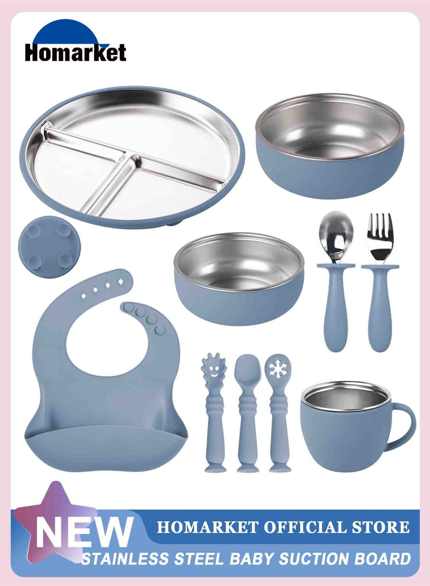 10 Pcs 304 Stainless Steel Kids Plates and Bowls Set Stainless Steel Suction Bowls and Toddler Cup with Removable Silicone, Forks Spoons Pocket Bib for Baby Toddle(Blue)