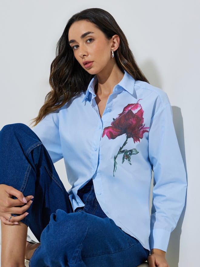 Styli Light Blue Flower Print Long Sleeve Shirt