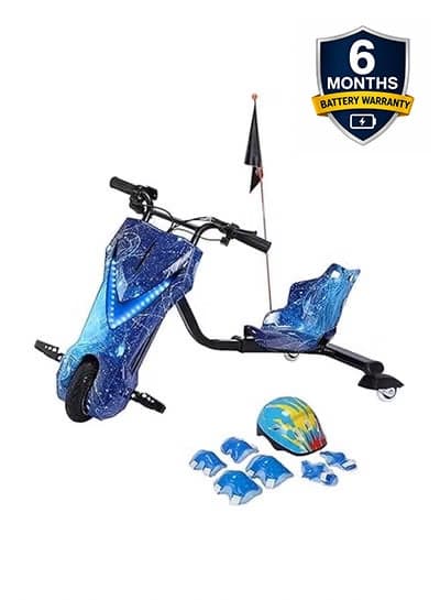 Electric Drift Scooter for Kids | 36V Rechargeable Battery | 3 Adjustable Speeds | Bluetooth Music | LED Front Light | Digital Display | Hand Brake | blue | Ages 3-8 years | 6 Month Battery Warranty
