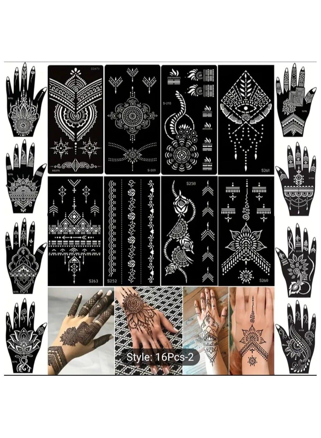 16 Pcs Traditional Henna Design, Temporary Tattoos, Waterproof Body Art, Non-Toxic Tattoo Sheets For Festival Celebrations