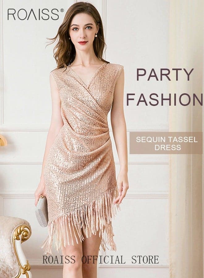 Banquet Party Dress for Women Evening Dresses V Neck Sequins Knee-Length Sleeveless Prom Ball Gown Wedding Elegant Slim formal Dresses Bridesmaid Dress Champagne