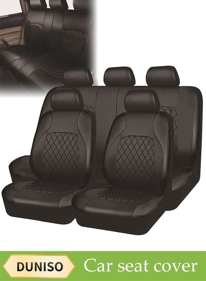 Nine-Piece Set Of Five-Seat Car Seat Covers, Black - Front And Rear Split Bench Seat Protection, Single-Line Diamond Quilting Embroidery Bracket Leather Pu Leather, Easy To Install, Front Seat Cover With Matching Rear Seat Cover, Car Seat Protector