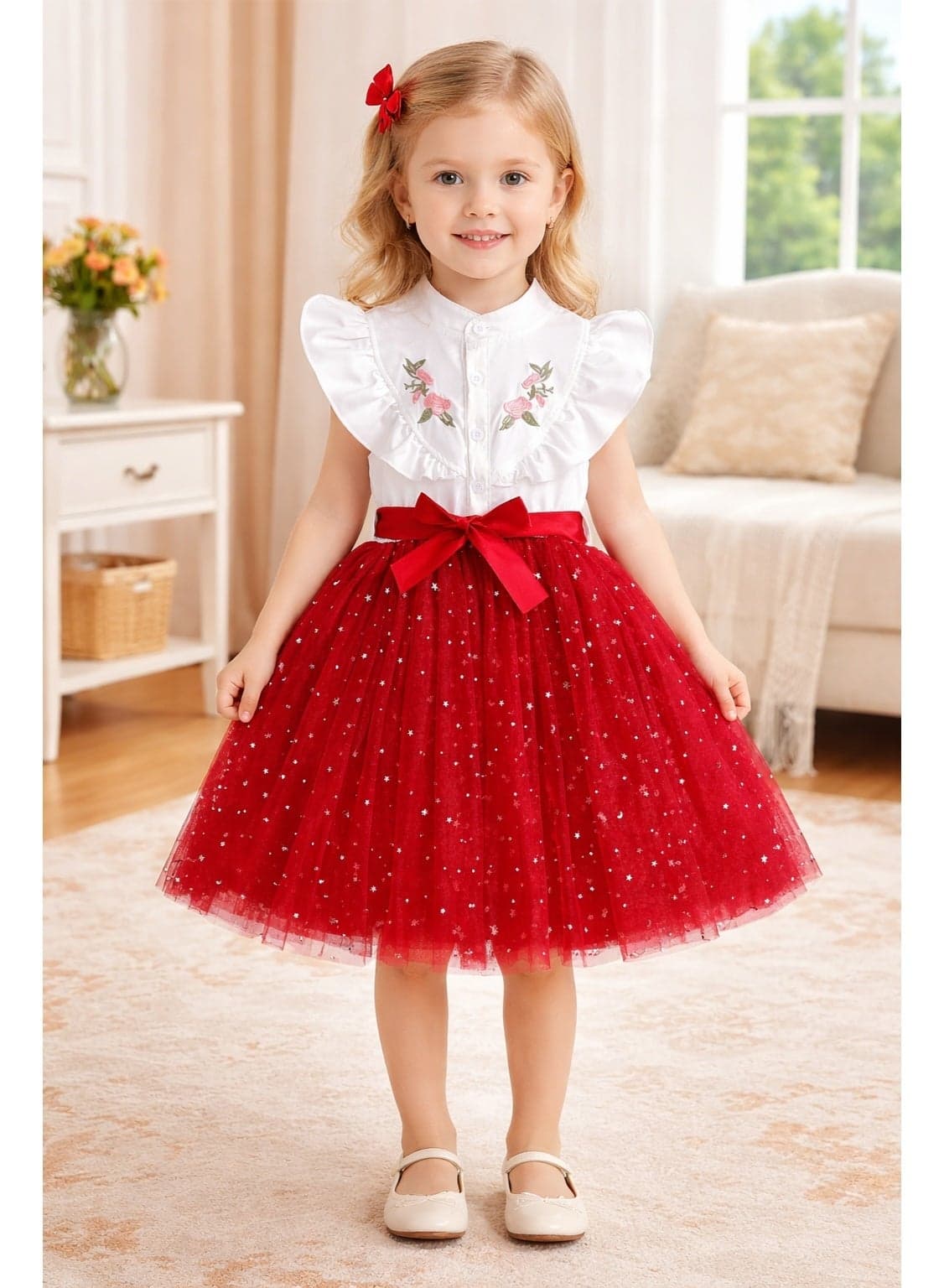 Girls Party Dress 3-5 Years | Floral Embroidered Ruffle Sleeve Dress with Star Tulle Skirt & Bow | Kids Birthday, Wedding & Occasion Dress (Red, Purple, Brown)