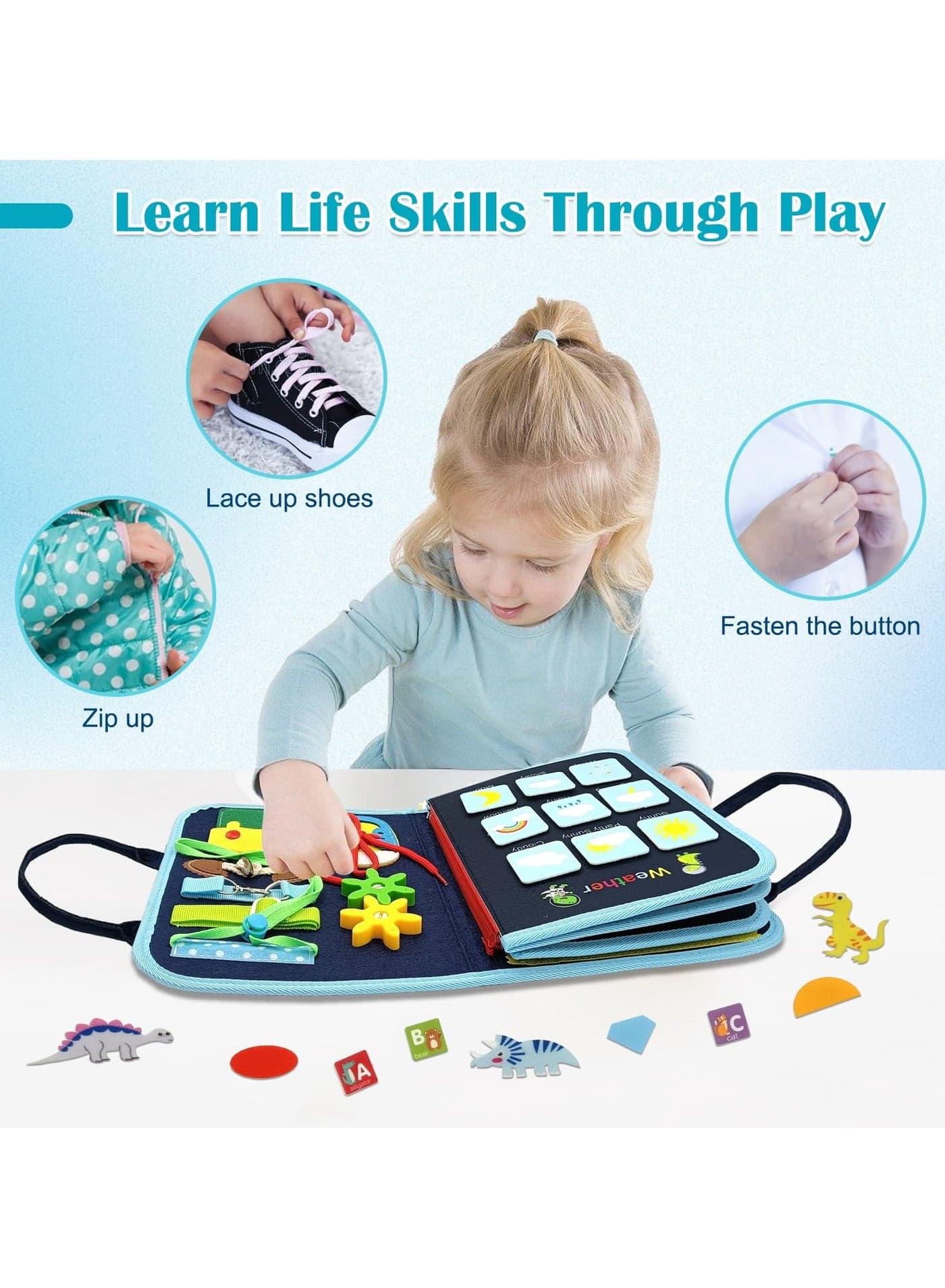 8-in-1 Busy Board Book Montessori Sensory Activity Toy, Felt Learning Board for Toddlers, Early Development & Basic Life Skills Toys, Preschool Quiet Book, Fine Motor & Cognitive Skill Training, Educational Travel Toy, Portable Soft Felt Book for Kids