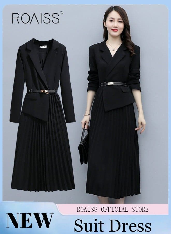 Women's Vintage Blazer Dress Women Elegant Office Dress with Belt Long Women V-Neck A-Line Dress Women Gorgeous Long Sleeve Comfortable Breathable Daily Casual Dress Long Skirt Black