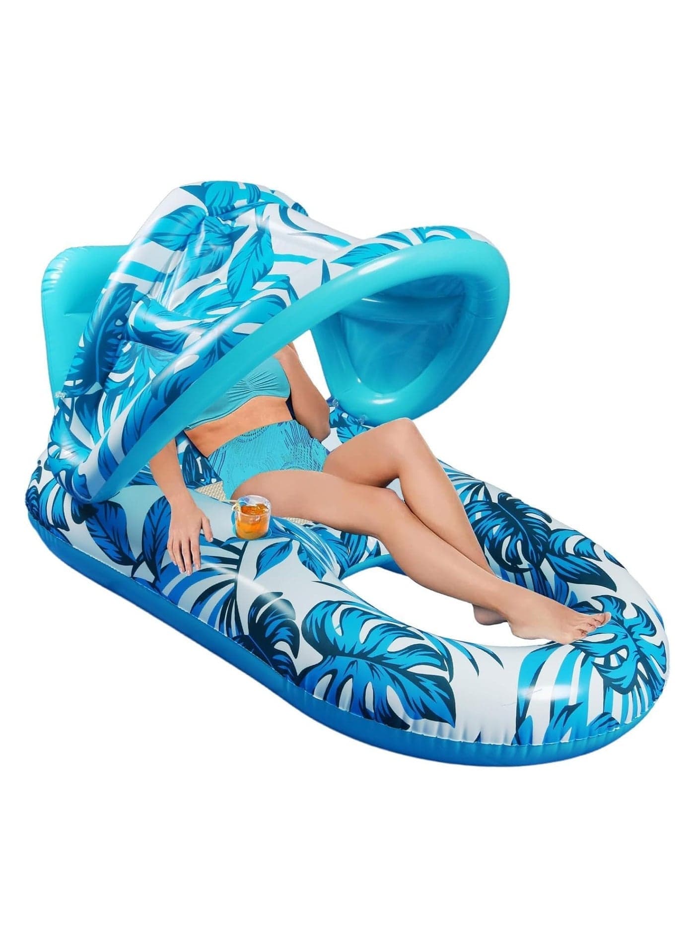 Adventure Lab Inflatable Pool Lounger with Sunshade & Cup Holder – Large Floating Pool Chair for Adults & Kids, Tropical Inflatable Pool Float Raft for Swimming Pool, Beach & Summer Water Party