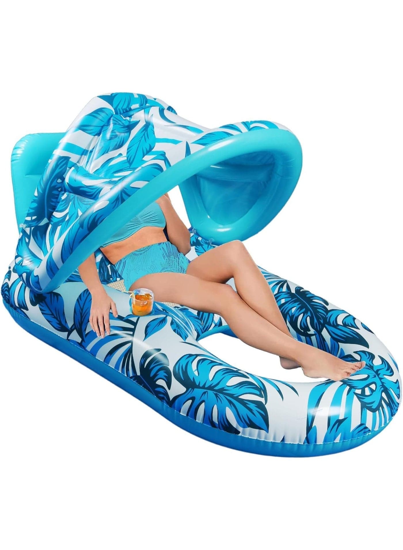 Adventure Lab Inflatable Pool Lounger with Sunshade & Cup Holder – Large Floating Pool Chair for Adults & Kids, Tropical Inflatable Pool Float Raft for Swimming Pool, Beach & Summer Water Party