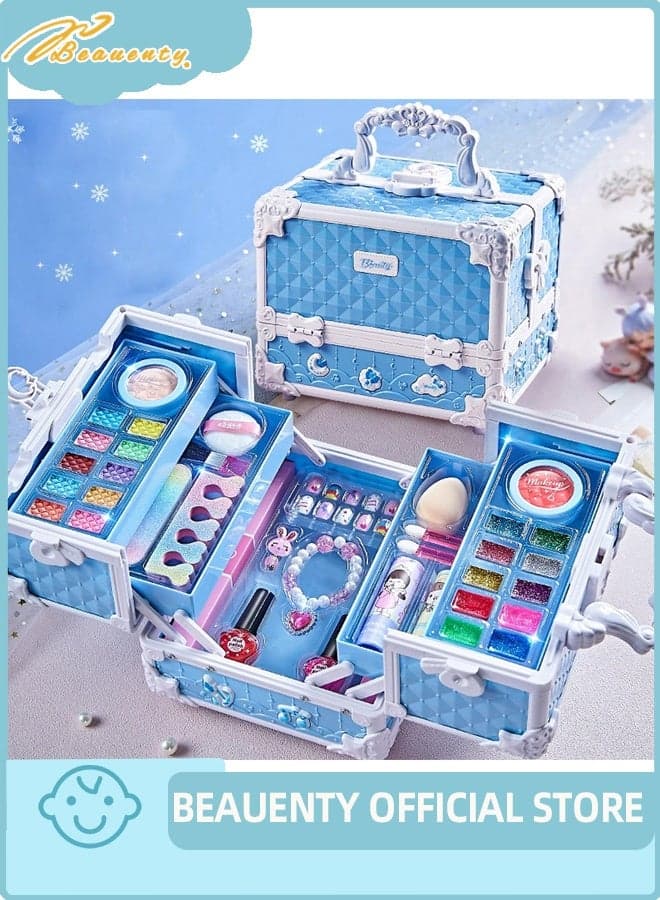 Kids Makeup Kit, Real Kids Makeup Set Washable Makeup Set Toys for Girls with Portable Make Up Box Including Lipstick, Eye Shadows and So On, Girl Toys for Girls Aged 5 6 7+ Year Old (blue)