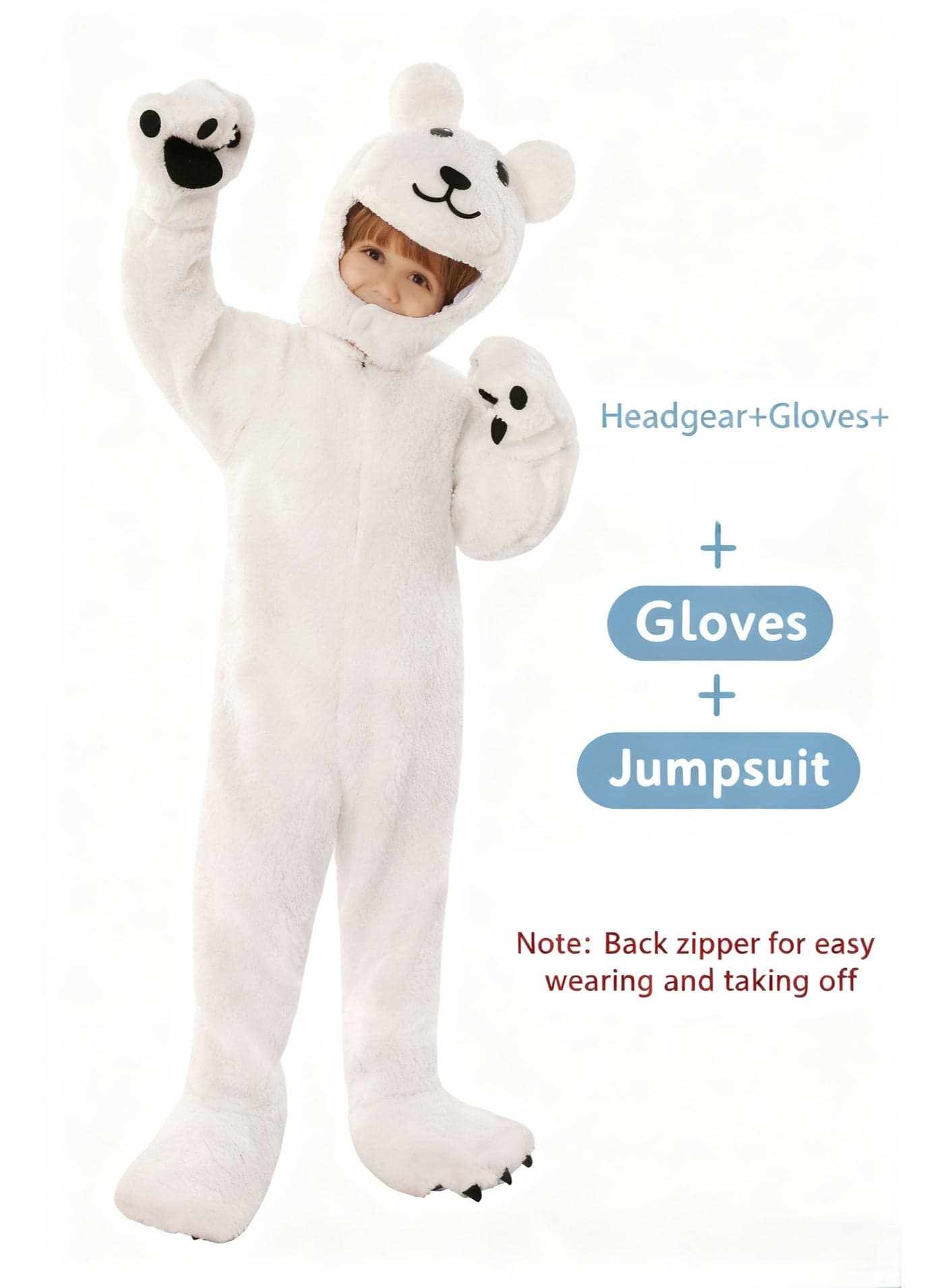 Boys and Girls Animal White Bear Costume Set with Headpiece, Gloves, Foot Covers Jumpsuit, Paws Animal Outfit for Festival Party Stage Role-playing, suitable for Boys Girls Birthday Gift, Dress-Up, Halloween, Birthday Party White, XL Size