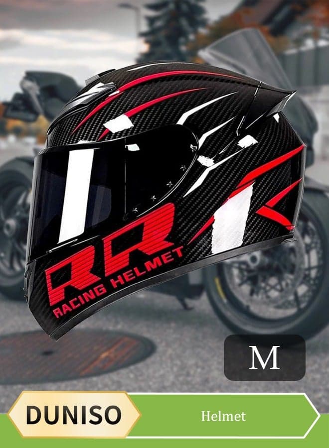 Full face motorcycle helmet, lightweight crash resistant motorcycle helmet, all season cool racing helmet,with black lenses, breathable lining, suitable for both men and women (M)