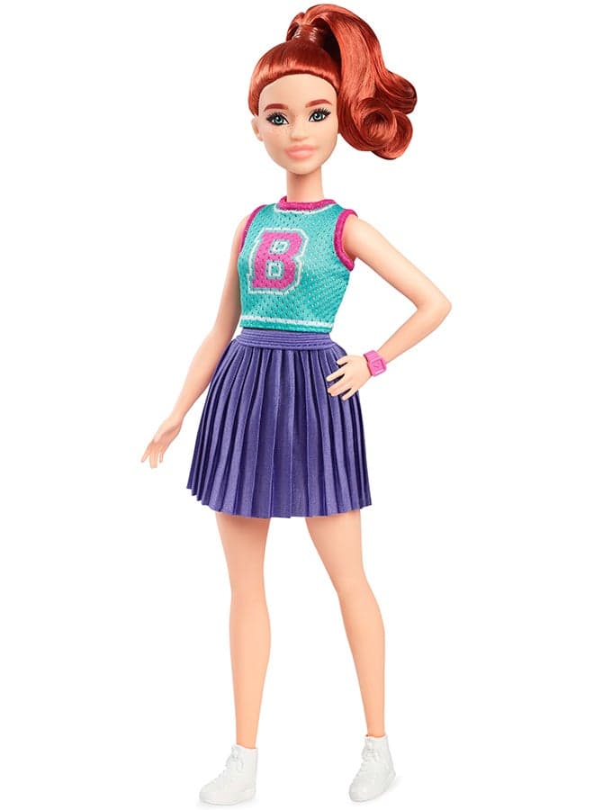 Fashionistas Doll #232 with Red Hair, Wearing Sporty “B” Jersey Top and Pleated Purple Skirt with Watch and Sneakers