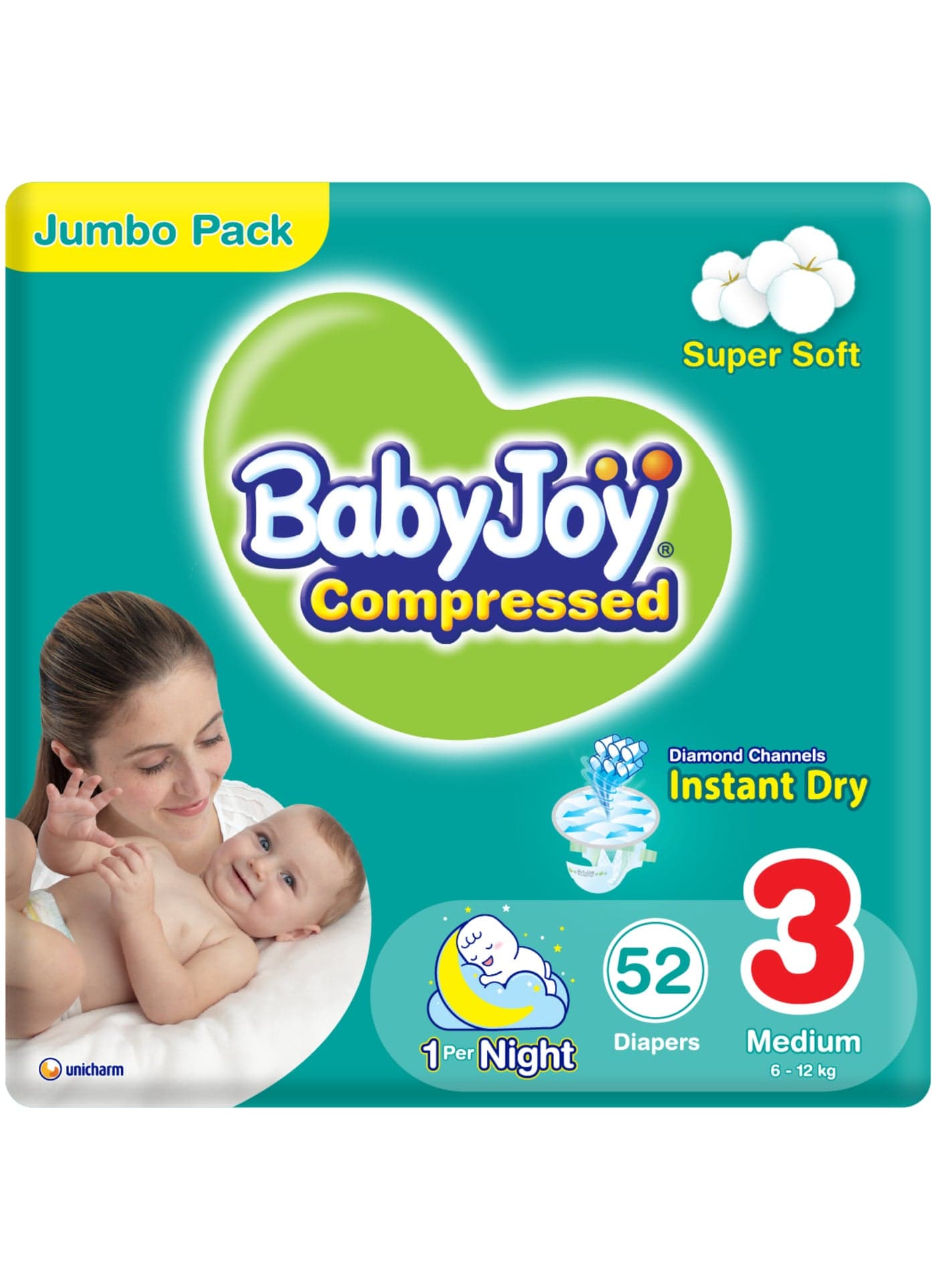 Compressed Diamond Pad Diaper, Size 3, Medium, 6-12 Kg, Jumbo Pack, 52 Diapers