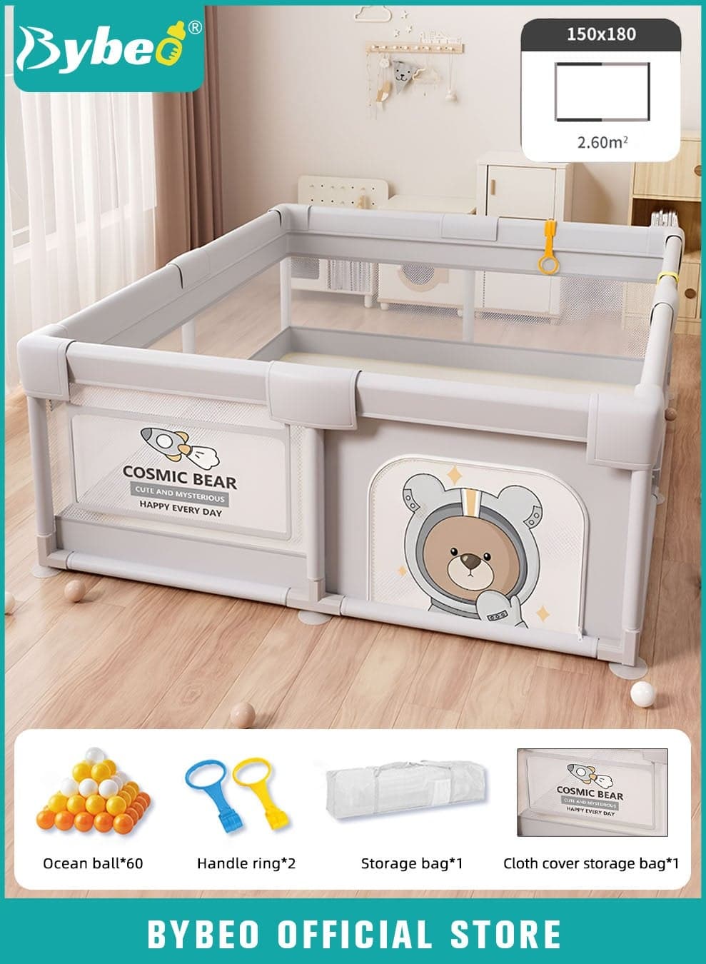 Baby Playpen Fence, Portable Babies Playards for Toddlers, Safety Infant Activity Center, Sturdy Play Area, with 2 Pull Rings, 60 Marine Balls, Mesh Pocket and Storage Bag, 150x180cm