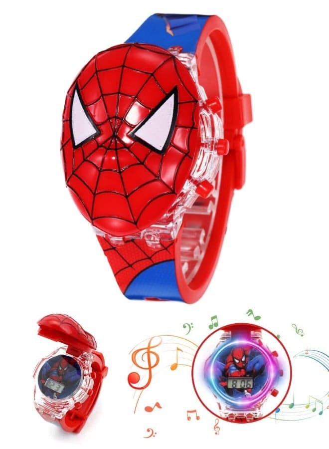 Spiderman Cartoon Children's Watch, Children's Glowing Watch Toy with Light Effect, Kids Electronic Watch with Music, Flip-top Cartoon Watch for Kids