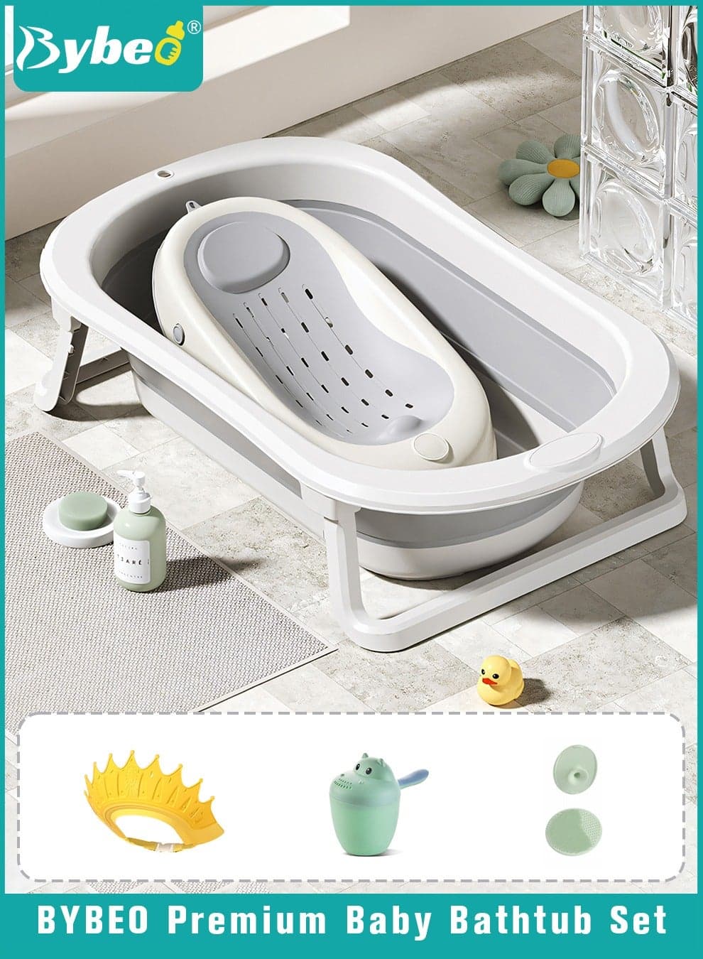 5 PCS Baby Bath Tub Foldable Bathtub With Baby Bath Chair + Shower Cap *1 + Washing Hair Shower Shampoo Cup *1 + Shampoo Brush *1