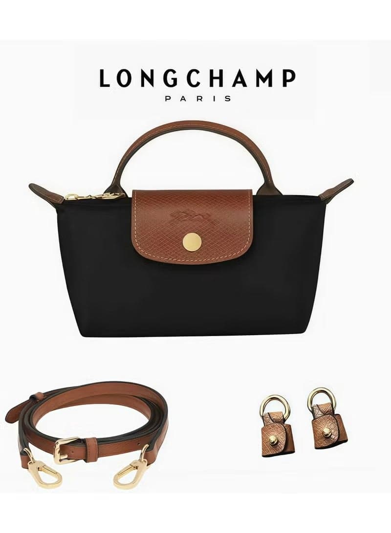 Longchamp Paris Le Pliage Women's Mini Cross-body Bag, Shoulder Bag, Tote Bag with Detachable Coin Pouch – PU Leather Shoulder Bag for Women, Compact Lightweight Casual Sling Purse with Adjustable Strap, Black & Brown