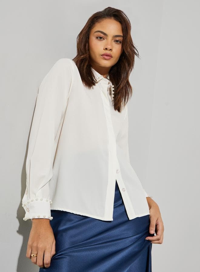 Off White Faux Pearl Trim Shirt
