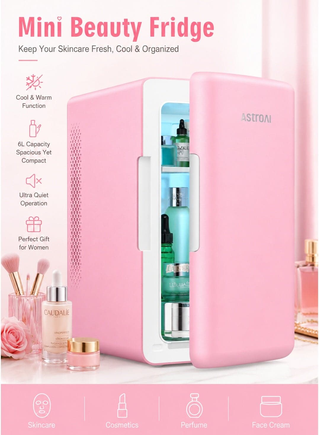 AstroAI 6L 2.0 Skincare Beauty Mini Fridge, Portable Cosmetic Refrigerator Cooler & Warmer, Perfect Gift for Women, AC/DC for Vanity Bedroom Car, Pink
