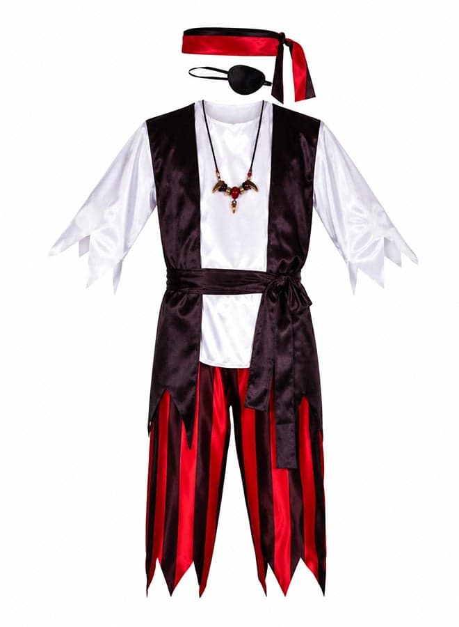 Kids Pirate Costume Set – Pirate Fancy Dress Outfit with Eye Patch, Headband and Striped Pants for Boys of age 6 to 7 years