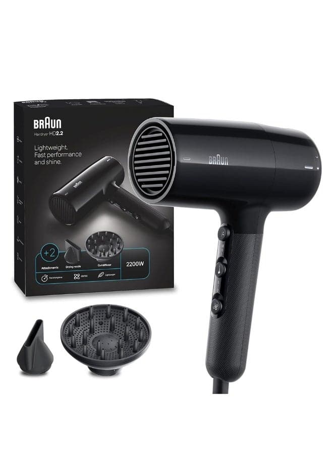 Hair Dryer, 2200W Ionic Hair Dryer, Drying Nozzle, Curl Diffuser, Fast Drying, 3 Heat Modes, Cool Shot, Lightweight, Anti-Frizz Shine - BRHD225SDE Ion Black