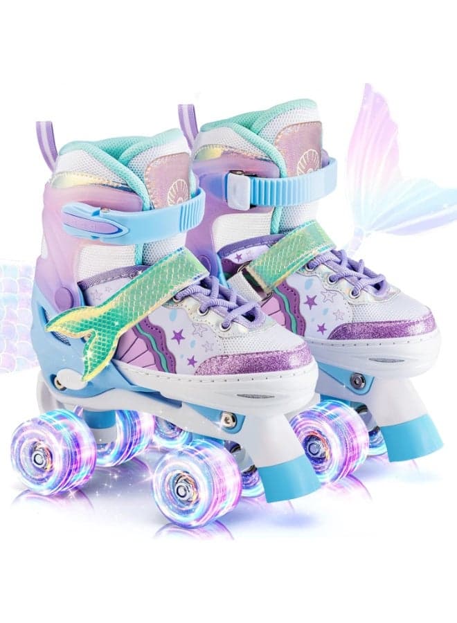Adjustable Roller Skates - Purple-Blue Little Mermaid Roller Skates Suitable for Girls Aged 3 to 12, For Beginners Both Indoors and Outdoors, with Lighting Effects(M)
