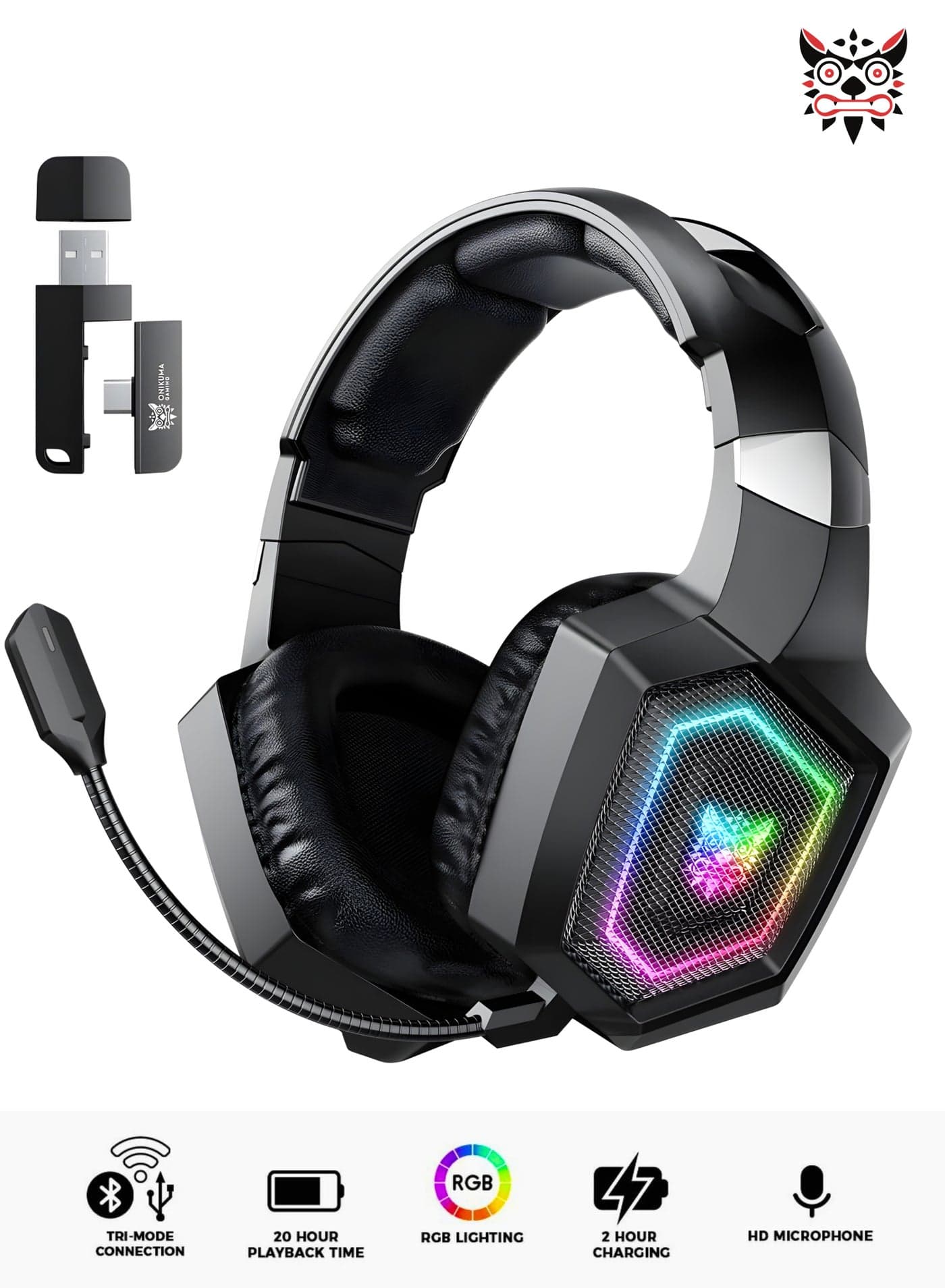 Onikuma GT806 Wireless Gaming Headset, Headworn Bluetooth 2.4G Wireless & Wired Three-Mode E-Sports Gamer Headphones, USB Dongle & Type-C Mobile Support, Low-Latency Stereo Sound, Detachable Noise-Cancelling Mic, RGB Lighting, Lightweight Over-Ear Gaming Headset