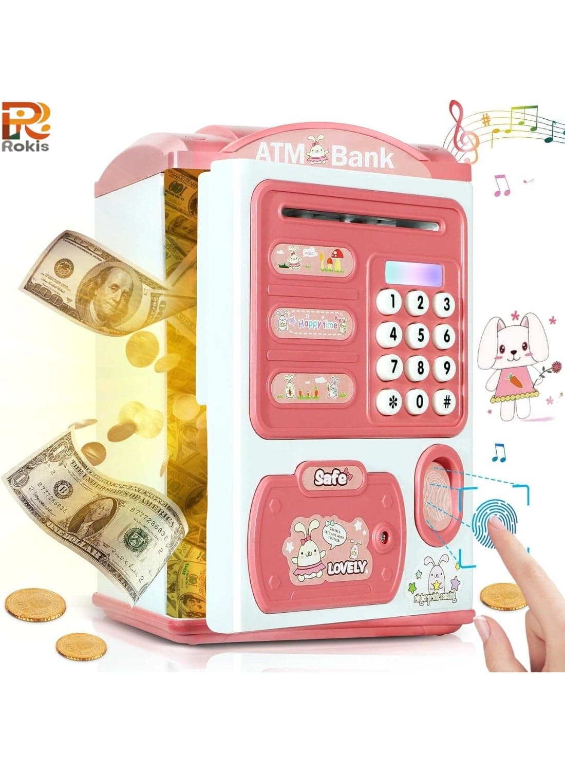 Electronic Piggy Bank - Mini ATM with Fingerprint & Password Money Bank Cash Coins Saving Box for Kids, Automatic Paper Money Scroll Saving Box, Perfect Toy Gifts for Boys Girls (Pink)