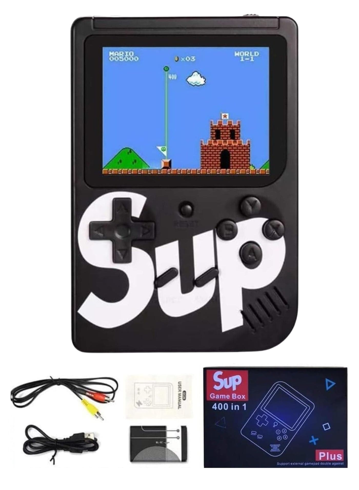 SUP Handheld Game Console with 400 Classic Retro Games, 3-Inch Color Screen, Rechargeable Battery, Portable Mini Gaming Device for Kids & Adults | Black