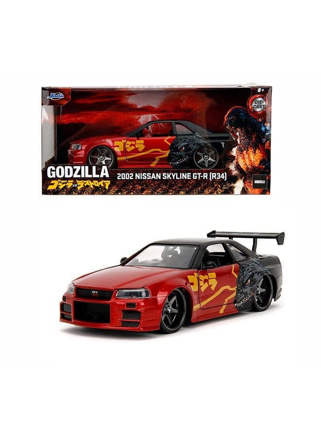 Godzilla 2003 Nissan Skyline GT-R R34 Die-Cast Collectible Model Car with Opening Doors, Freewheel Vehicle, 1:24 Scale, Red Metallic /Black