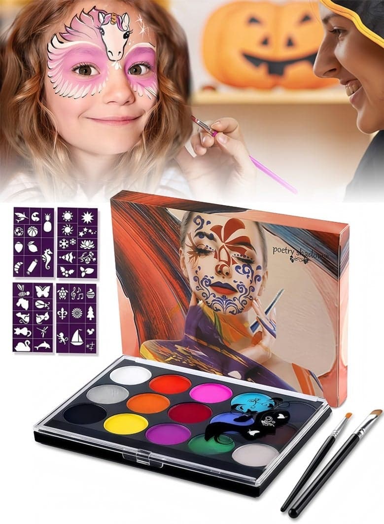 Face Painting Kit for Kids - Safe Non-Toxic Body Paint for Boys Girls, 15 Colors & 40 Stencils with 2 Brushes ,Halloween Makeup,Best Gifts for Kids Party