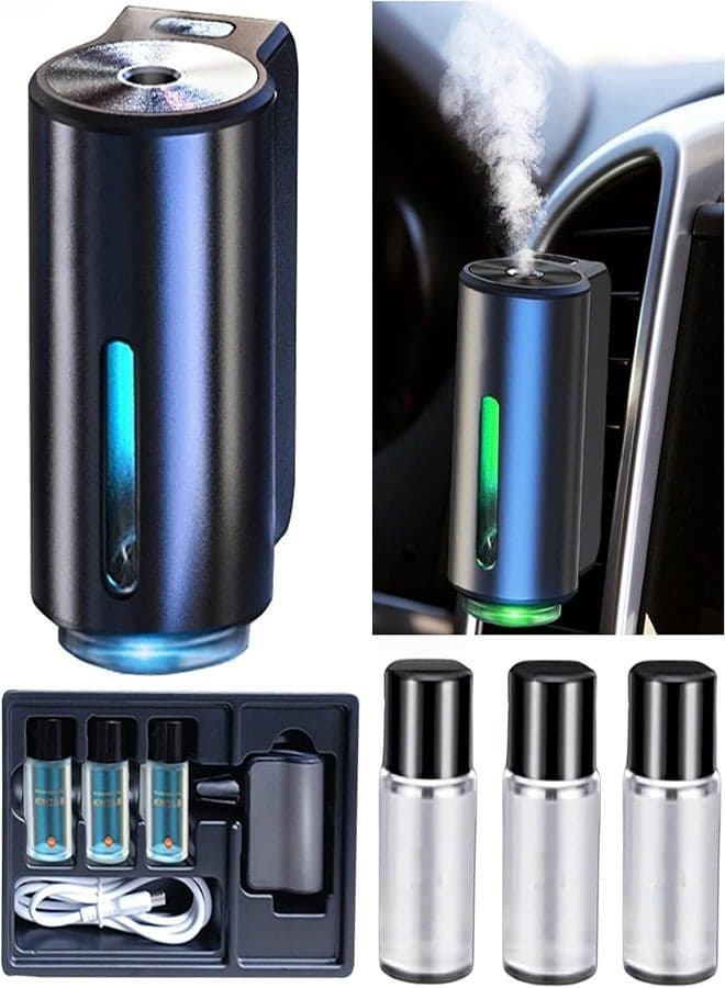USB-Powered Smart Car Fragrance Diffuser | 3-Level Adjustable Mist & LED Light | 3 Bottles of Cologne Included – UAE Car Air Freshener