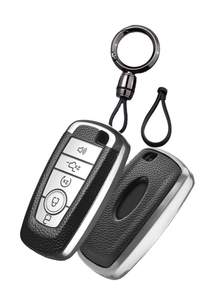 OUYoo for Ford Key Fob Cover Soft TPU with Keychain Key Case Holder Full Protection for Ford Explorer Fusion Escape Edge Expedition F150 F250 F350 F450 F550 Maverick Mustang ( Silver)