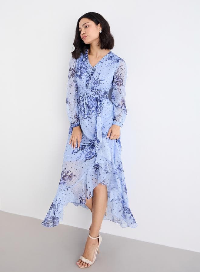 Light Blue Floral Maxi Dress With Ruffle Edge