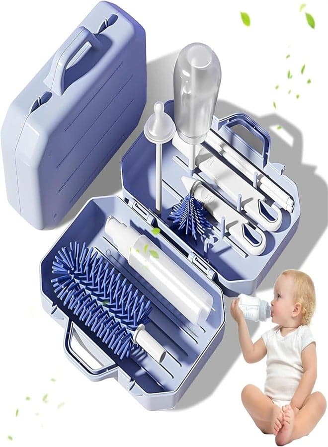 6 in 1 Bottle Cleaning Brush Set, Travel Baby Bottle Brush Cleaner Set with Silicone Bottle Brush Nipple Cleaner Brush Straw Brush Soap Dispenser Storage Box Bottle Drying Rack