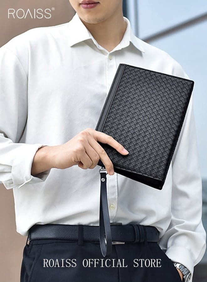 Roaiss Large Capacity Men Clutch Bag Business Casual Wear Resistant Soft Fabric Multilayer Space Quality Inside PU Multiple Card Slots Waterproof Black Handbag