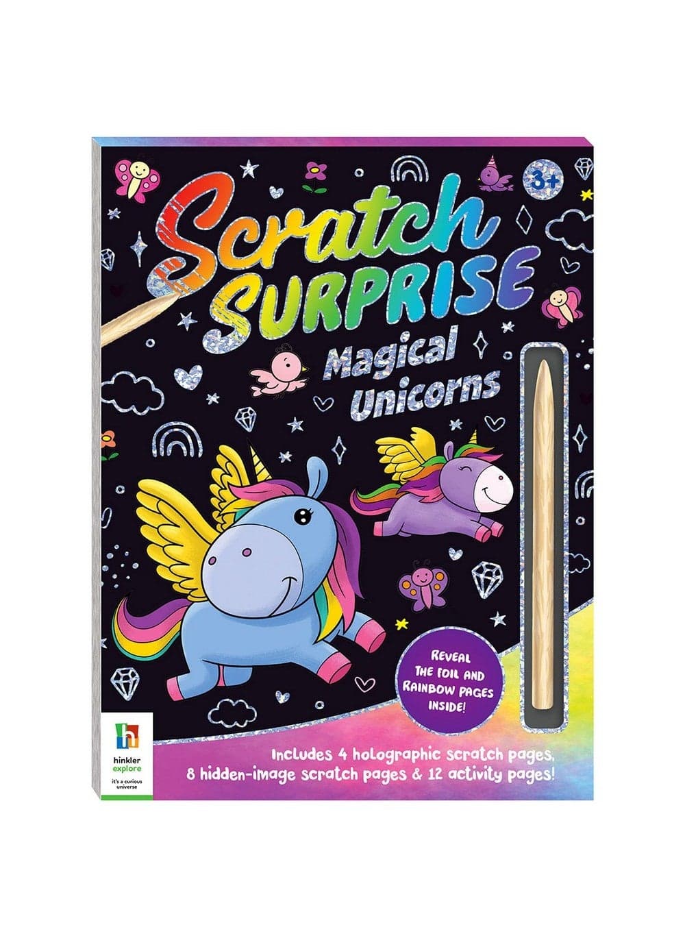 Hinkler Scratch Surprise Magical Unicorns - Scratch Art Kit for Kids Includes 4 holographic scratch pages, 8 hidden-image scratch pages & 12 activity pages plus a wooden scratching tool! Magical Unicorn Designs, Creative Scratch & Reveal Art