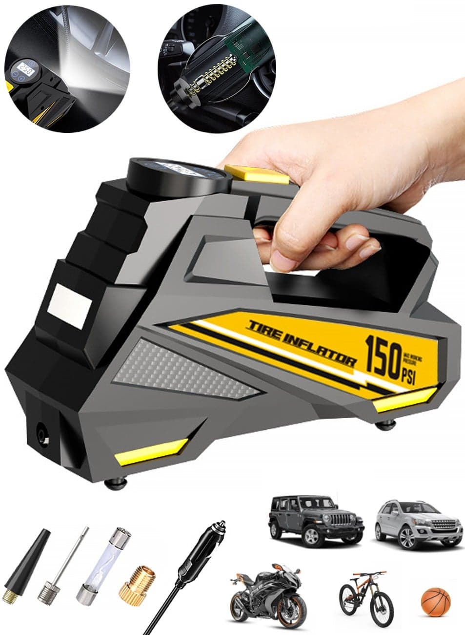 Car Tyre Inflator Air Compressor,12V DC Cord Portable Electric Air Pump with Auto Shutoff and LED Light,150PSI Fast Tire Inflator for Car/Motorcycle/Bicycles/Ball/Other Inflatables