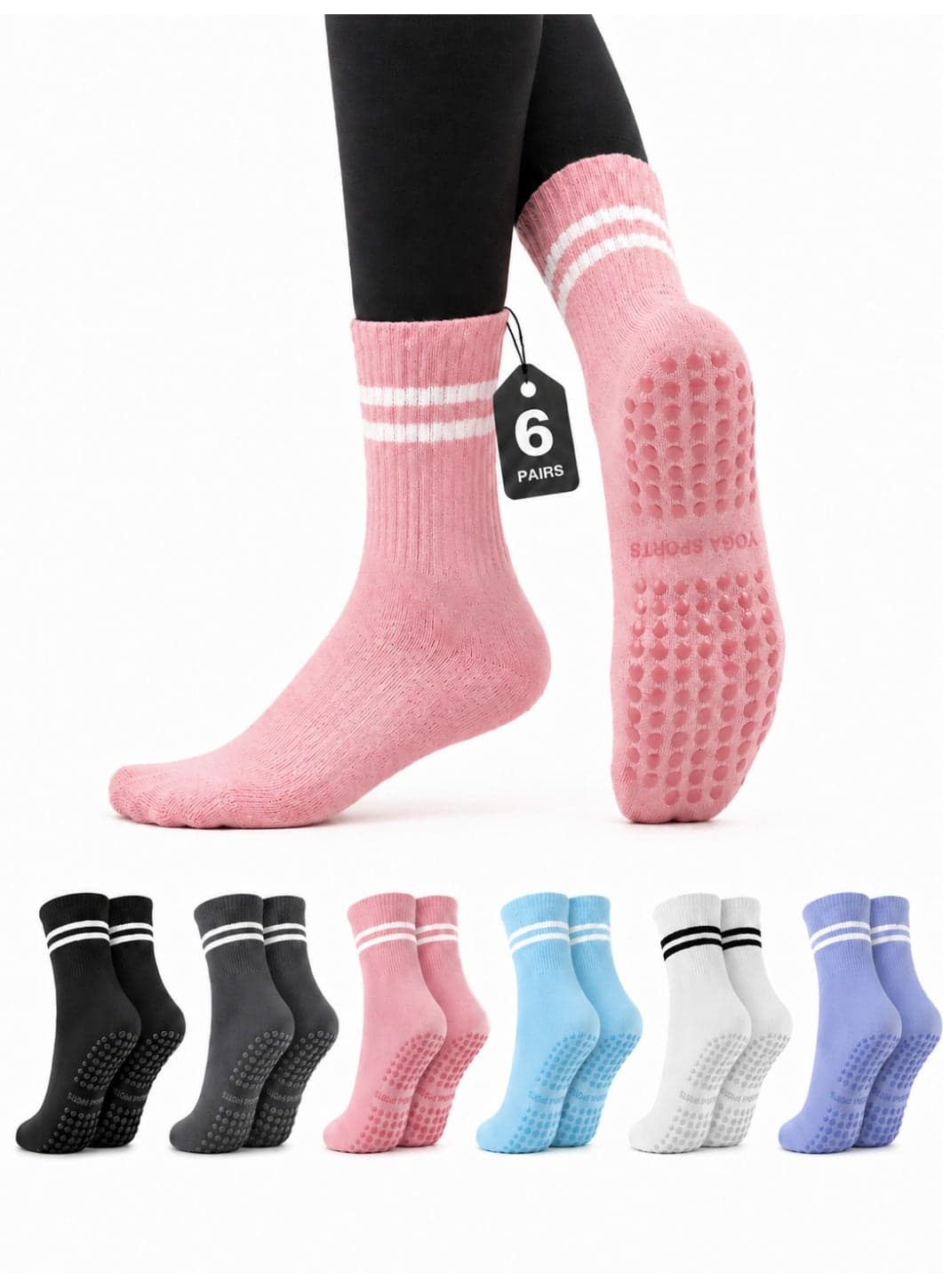 6 Pairs Grip Pilates Socks for Women, Non-slip Yoga Athletic Socks for Barre Ballet Barefoot Workout Hospital