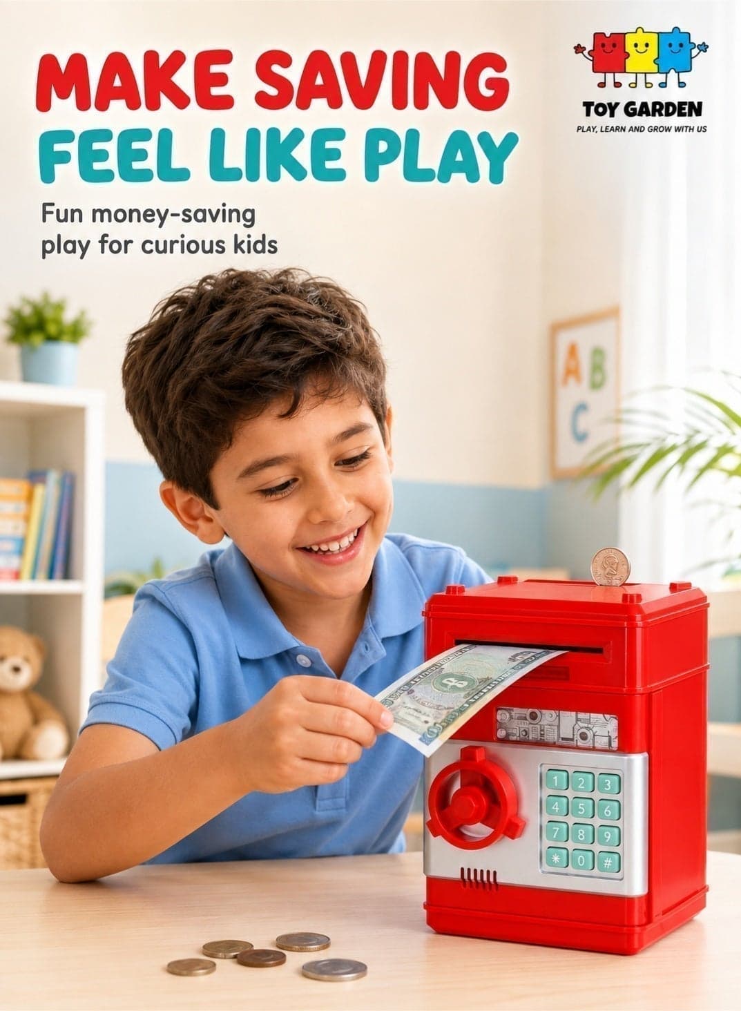 Electronic Piggy Banks for Kids, Money Box with Password/Music Cute Mini ATM Piggy Bank Coin Can,Auto Scroll cash Safe Box, Great and Practical Birthday Gifts for Boys & Girls (Red)